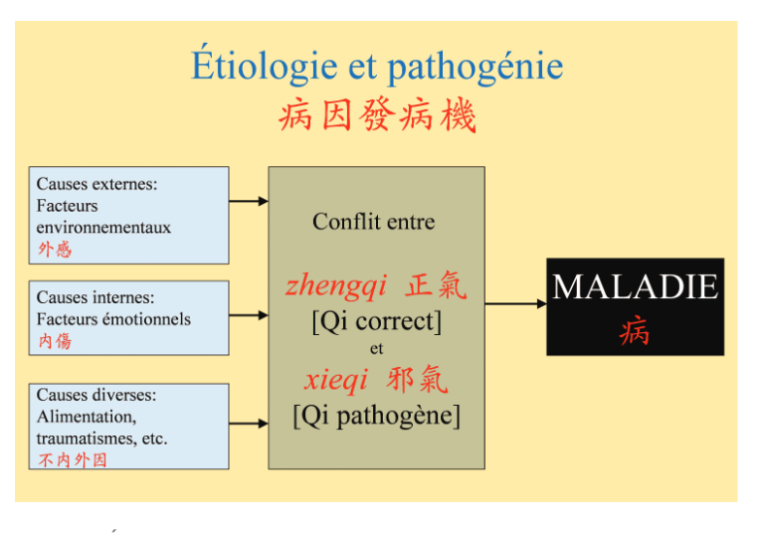 Schéma : causes externes, internes et diverses conduisant au conflit entre zhengqi et xieqi, puis à la maladie